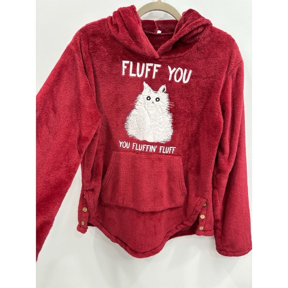 Red Fuzzy Hoodie Whiskers Sweatshirt "Fluff You" Cat Graphic Cozy M Cat Lady - Picture 3 of 10